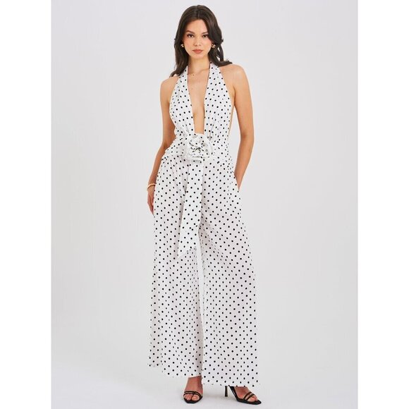 Pants - Oriana White Polka Dots Halter Jumpsuit